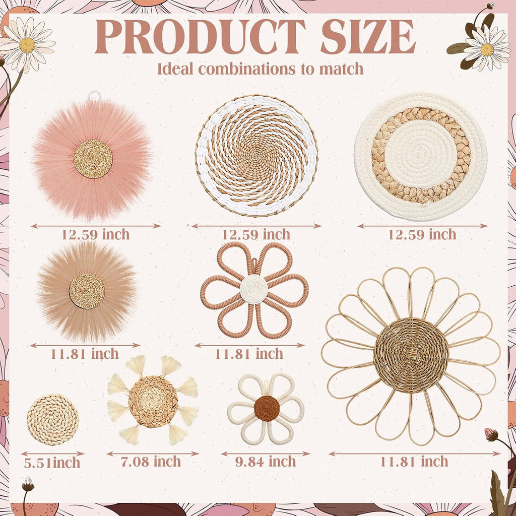 Chunful 9 Pcs Boho Nursery Wall Decor Daisy Flower Basket Decor, Pink Brown
