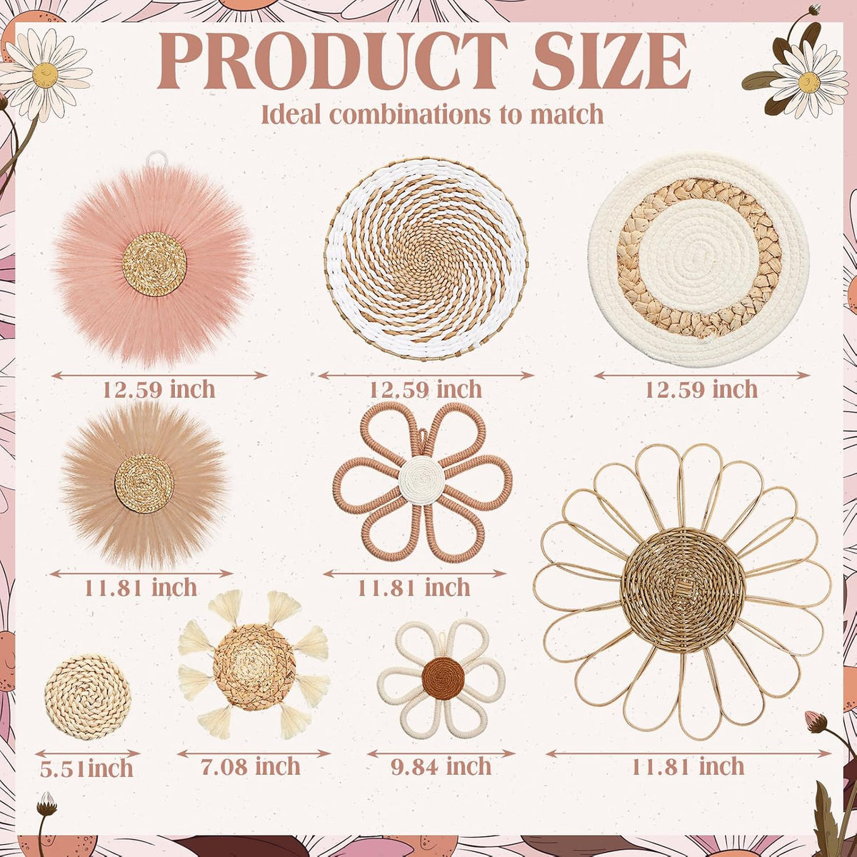 Chunful 9 Pcs Boho Nursery Wall Decor Daisy Flower Basket Decor, Pink Brown