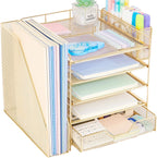 5-Tier Desk File Organizer with Drawer & Pen Holder (Gold)