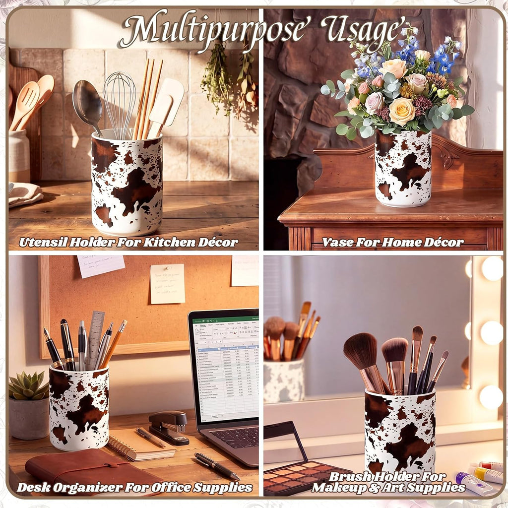 Potchen Western Cowhide Ceramic Utensil Holder 6.3 Inch Cowboy Rustic Kitchen Utensil Crock Vintage Countertop Storage Organizer Container for Spatulas Spoons Home Cooking Decoration
