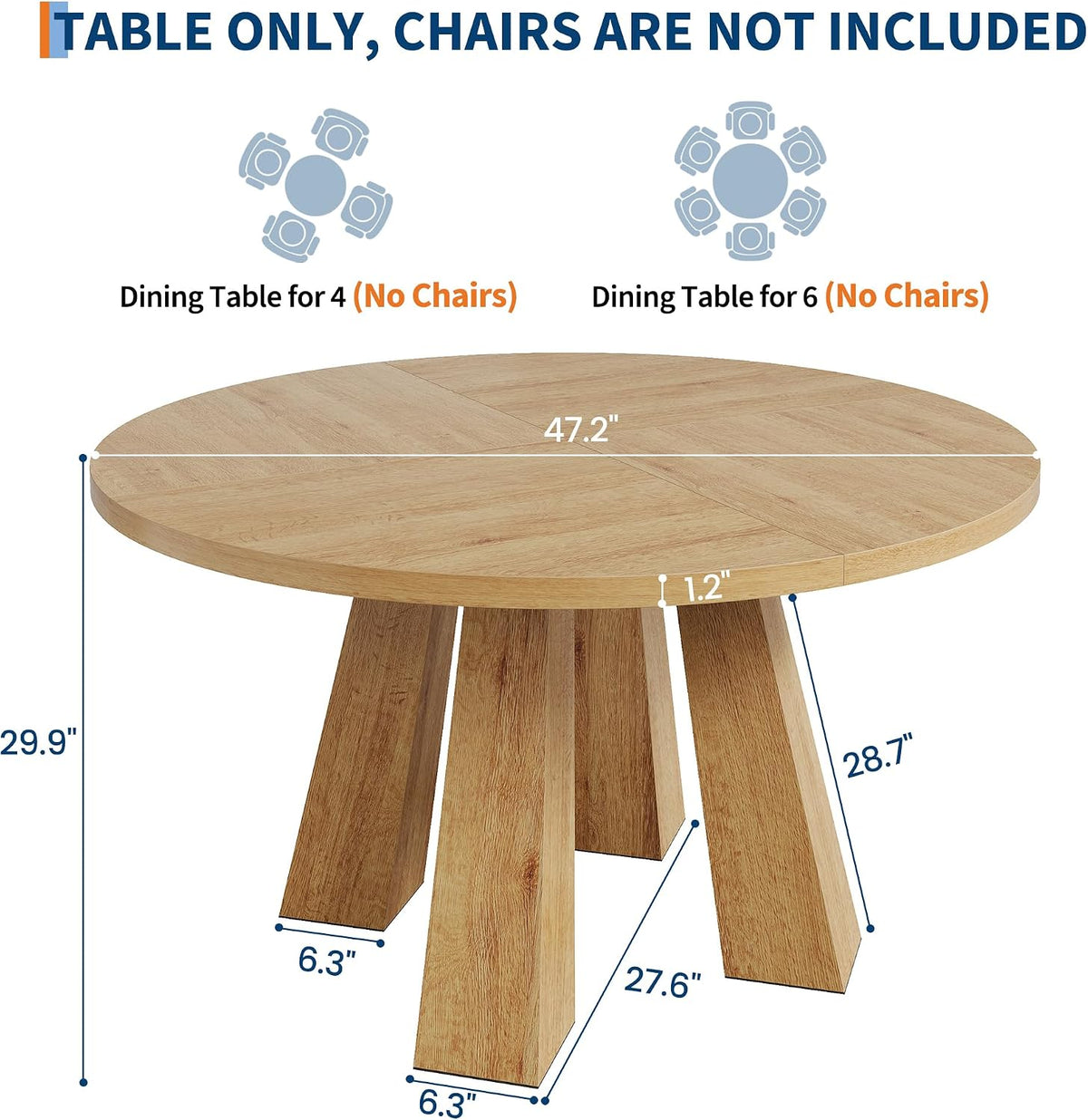 IDEALHOUSE 47" Round Dining Table for 4-6, Farmhouse Wood Kitchen Table