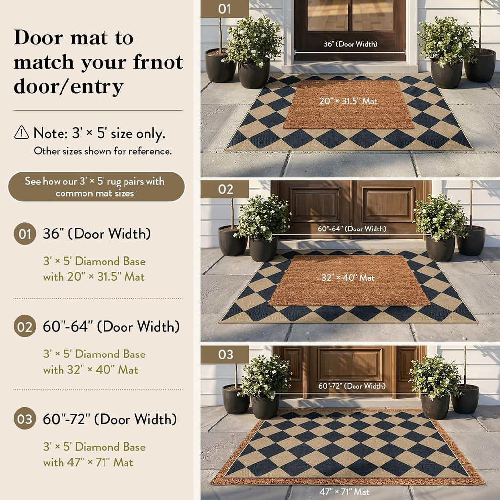 Lahome Checkered Easy Jute 3x5 Entryway Front Porch Rug, Black Diamond Indoor Outdoor Patio Layering Rug, Washable Farmhouse Neutral Non Slip Non Shedding Door Carpet for Backyard Blacony