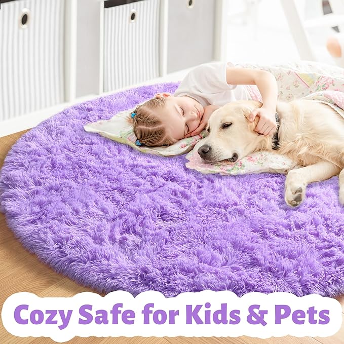 Amdrebio Purple Round Rugs 5Ft for Girls Bedroom Decor Aesthetic, Fluffy Fuzzy - Image 4