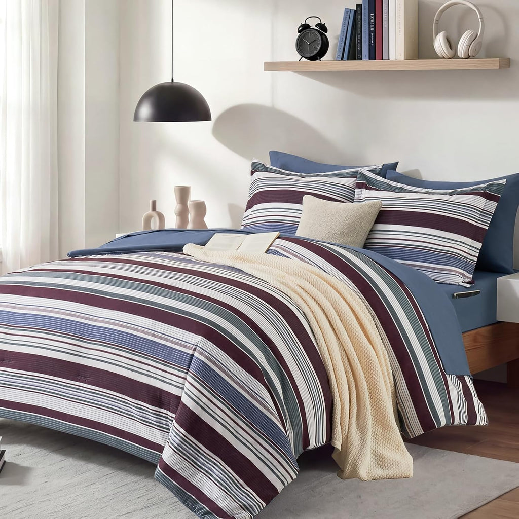 Monbix Queen Comforter Set-7 Pieces Striped Bed in a Bag Queen Bedding Sets