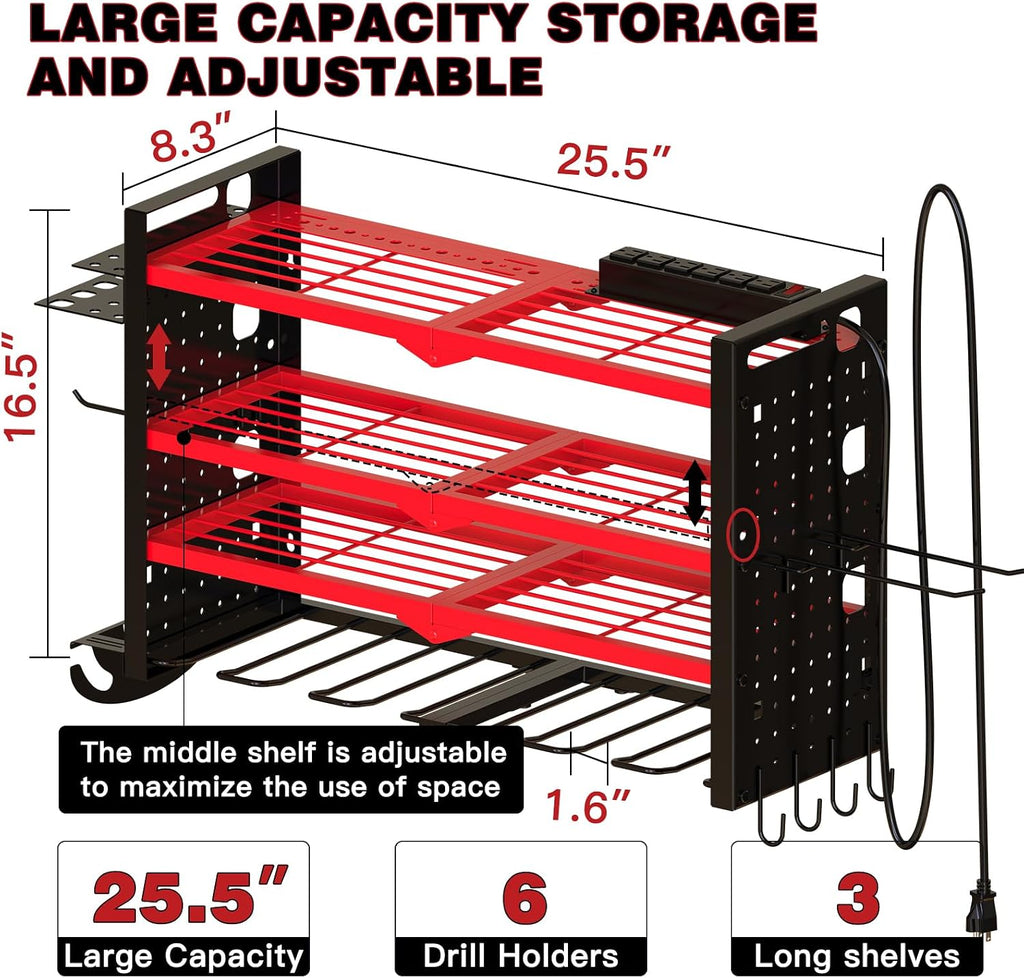 Cordless Power Tool Organizer Wall Mount, 6 Drill Holders, Red