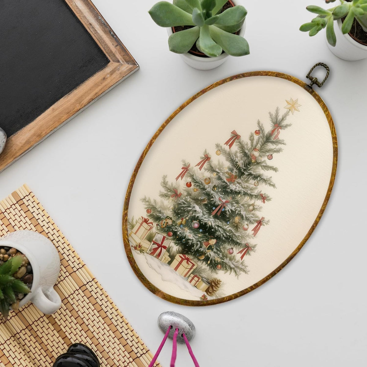 XPH Vintage Christmas Tree Oval Wall Art Framed, Rustic Winter Xmas Tree Oval Wall Decor, Farmhouse Christmas Cozy Winter Hanging Canvas Prints for Home Bedroom Living Room Decoration, 8.6x11.4 Inch