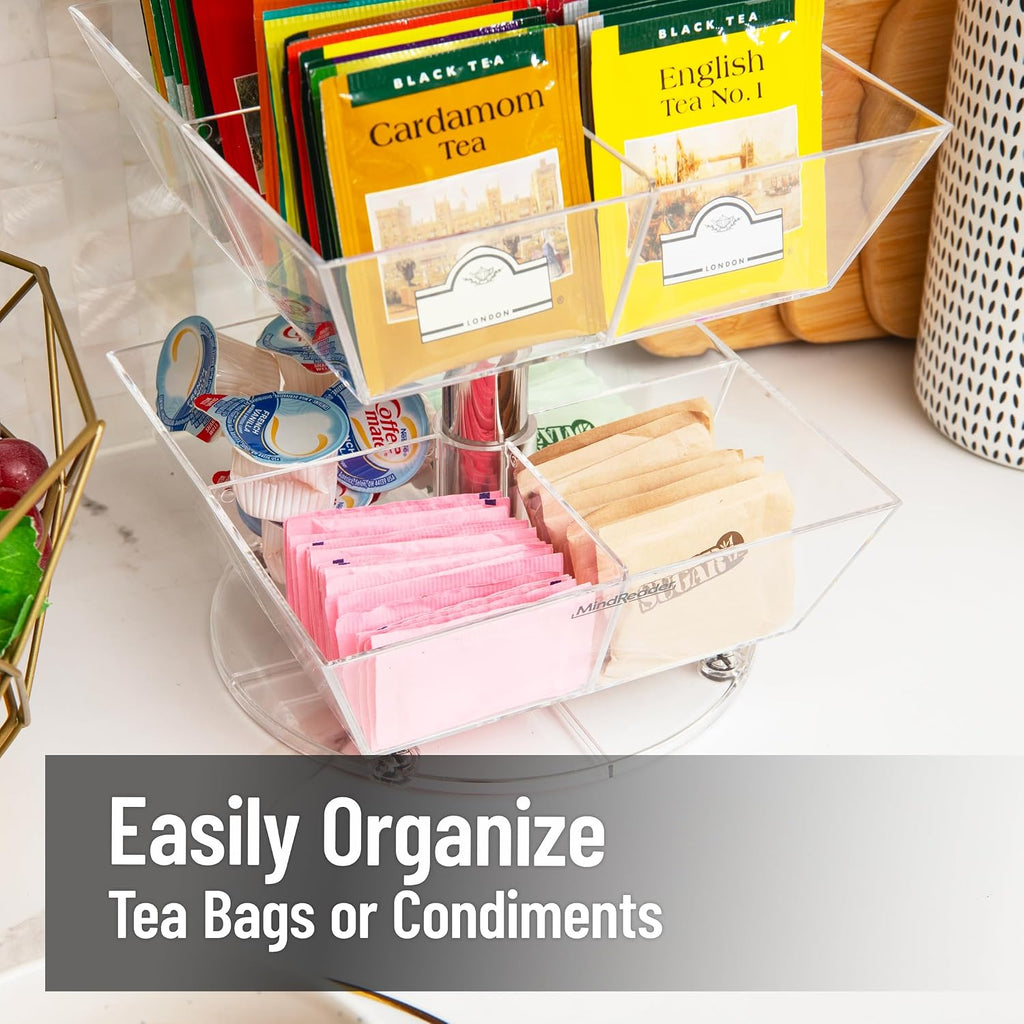 Mind Reader Tea Bag Carousel, 3 Tier Clear Acrylic Organizer with 12 Compartments, 360° Rotating Tea Station for Countertop Storage