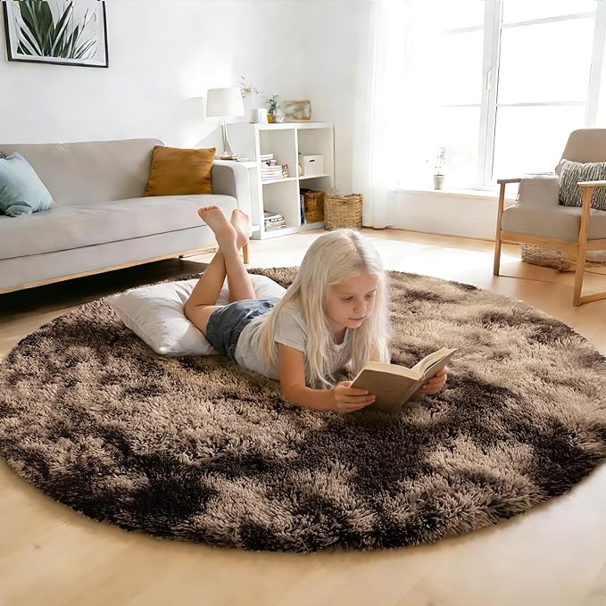 Tie-Dyed Coffee Fluffy Round Rug, Soft Area Rugs by yulidayang