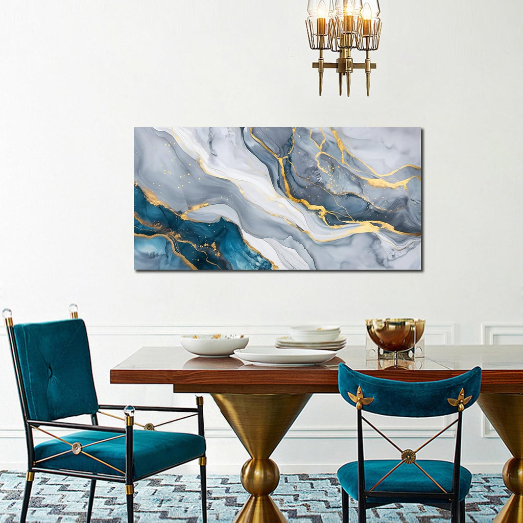 Blue and Gray Abstract Gold Fluid Canvas Wall Art for Living Room 20"X40"