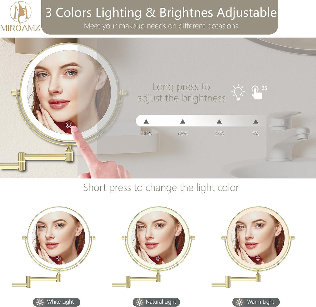 8" Wall Mounted Lighted Makeup Mirror, 1X/10X, Gold