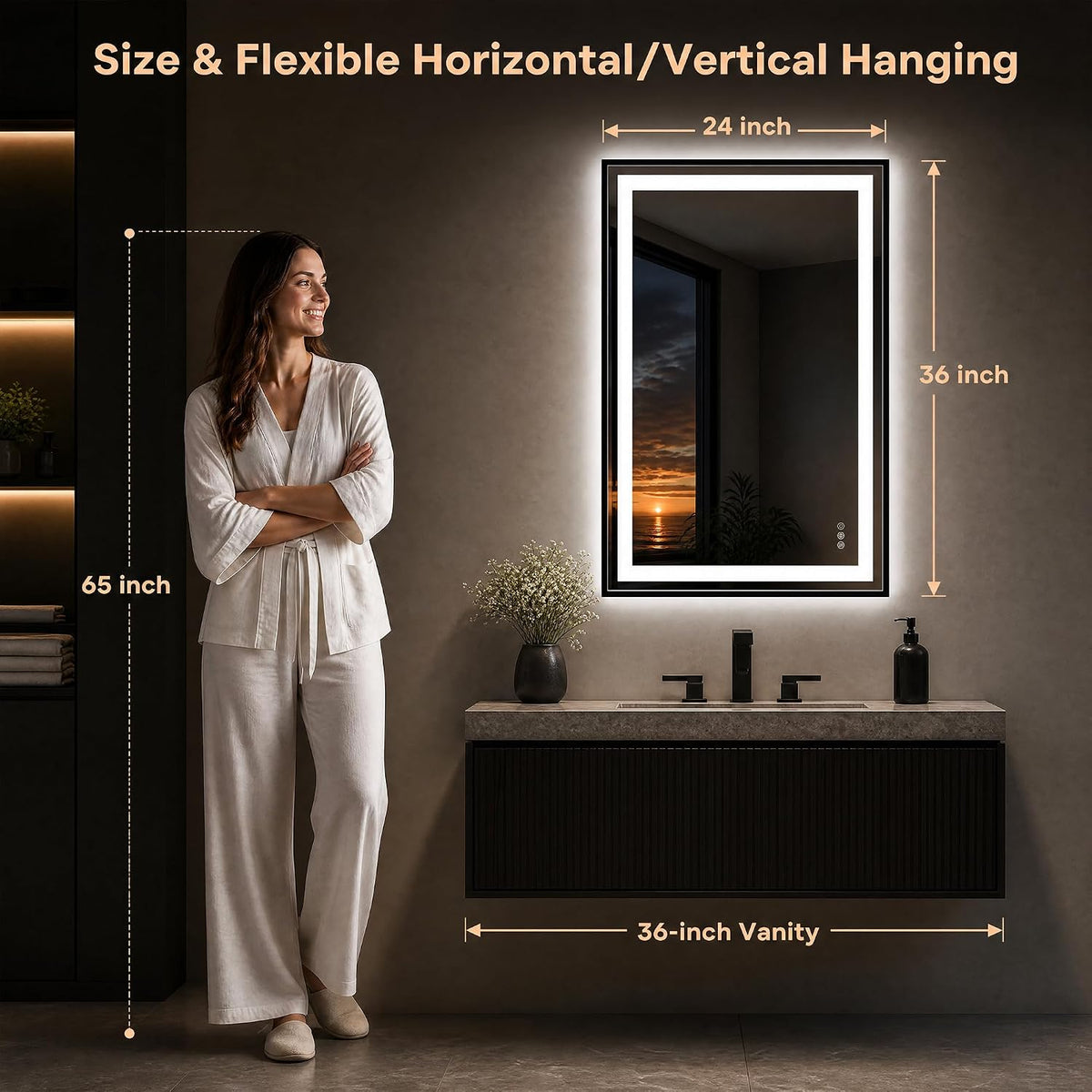 Antok 24X36 LED Bathroom Mirror with Lights, Vanity Mirror for Wall with Black Frame, Touch Control, Anti-Fog, Dimmable Lights, Shatter-Proof, Memory Function, Wall-Mounted Vanity Mirrors