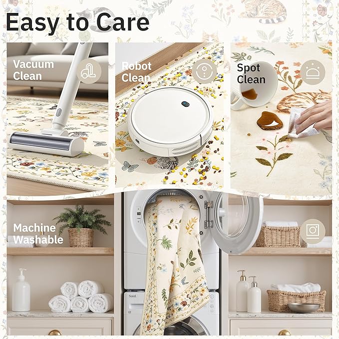 Cat 5x7 Area Rugs for Living Room, Machine Washable Animal Floral Vintage Rug - Image 7