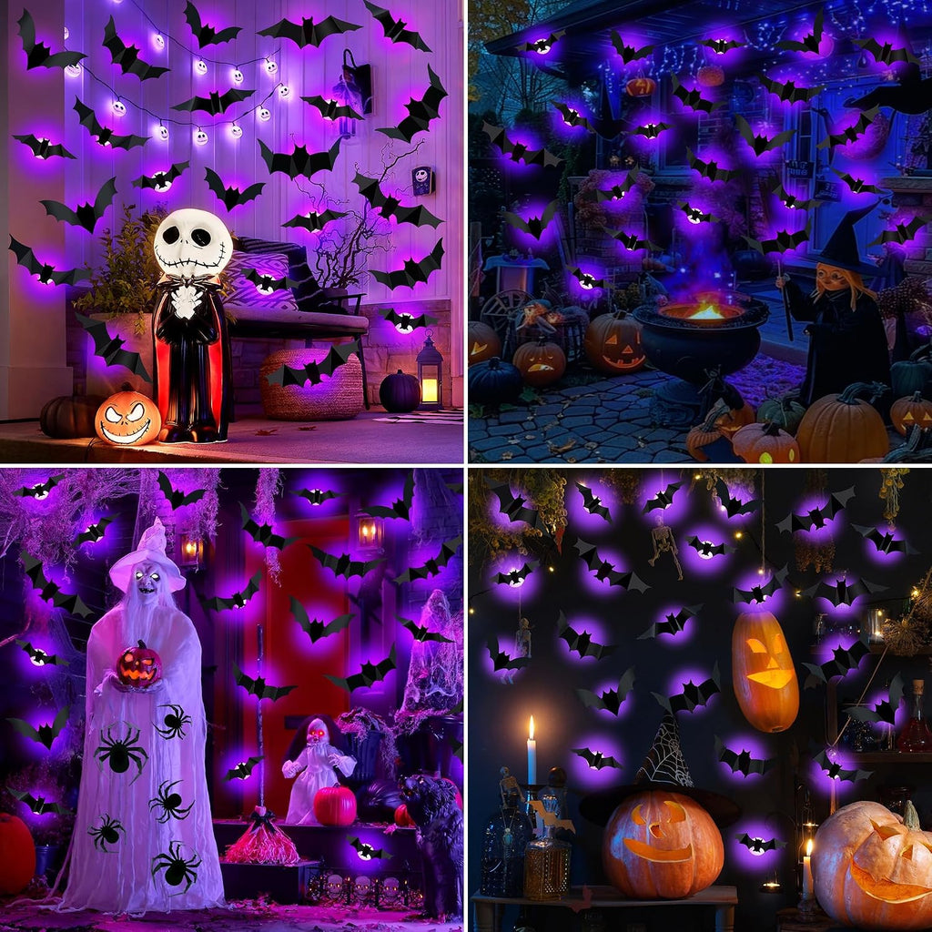 36 PCS LED Purple Lighted 3D Bats Halloween Decoration,5 Sizes & 4 Shapes