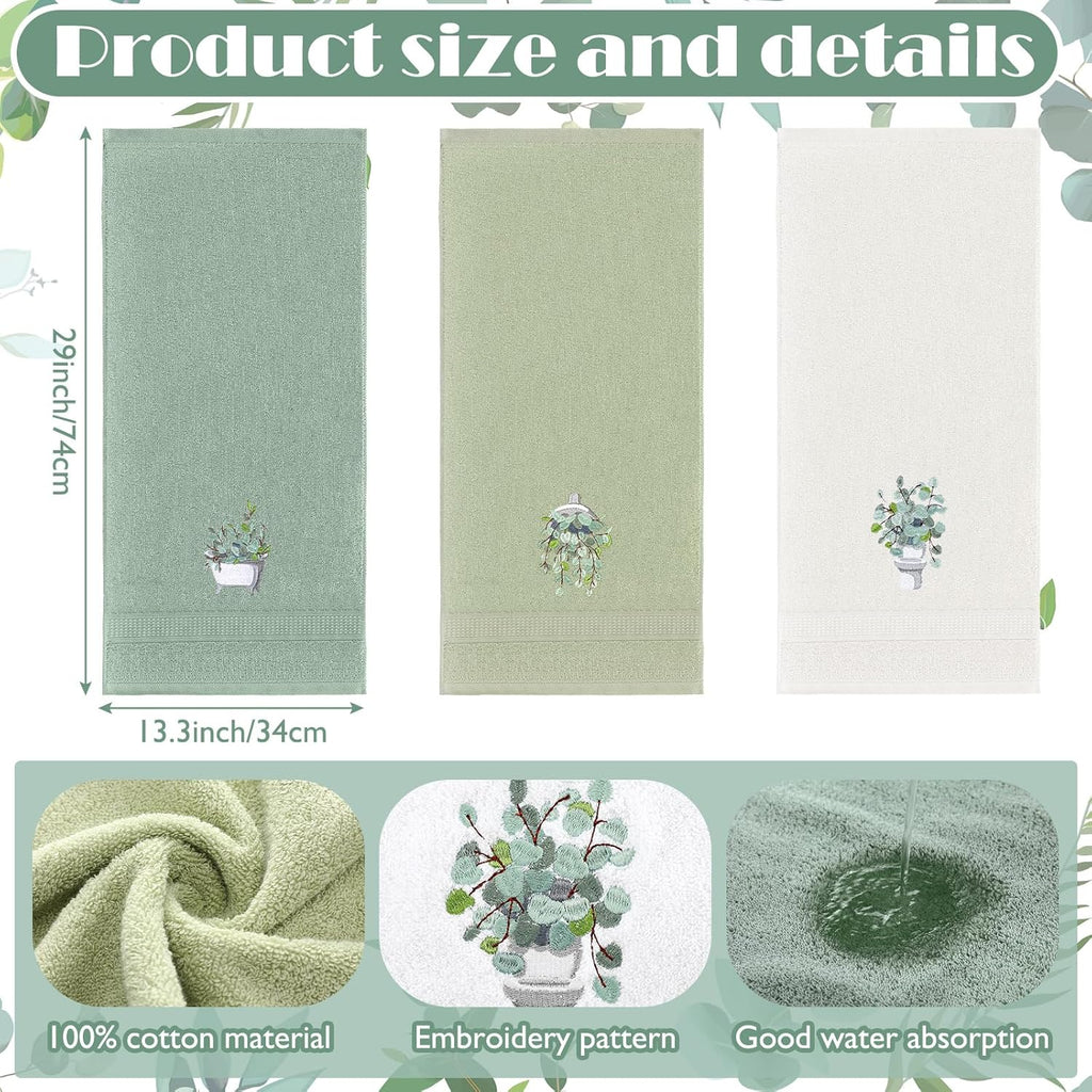 3 Pcs Eucalyptus Leaves Hand Towels for Bathroom Kitchen Decor