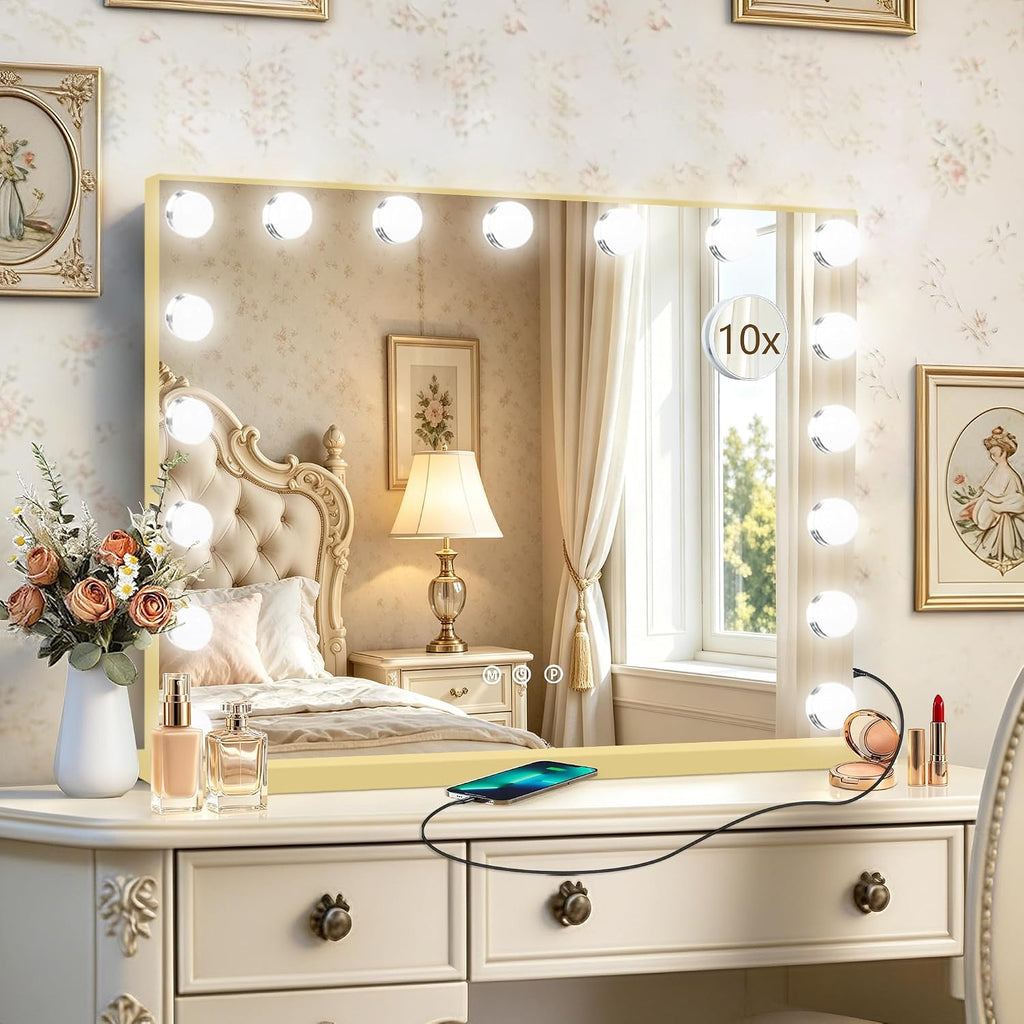Ratsamee Gold Hollywood Vanity Mirror with Lights, 15 Dimmable Bulbs, 3 Color Lights,Make Up Lighted Mirror, Aluminum Metal Frame, USB Charging Port（23" x 18"）