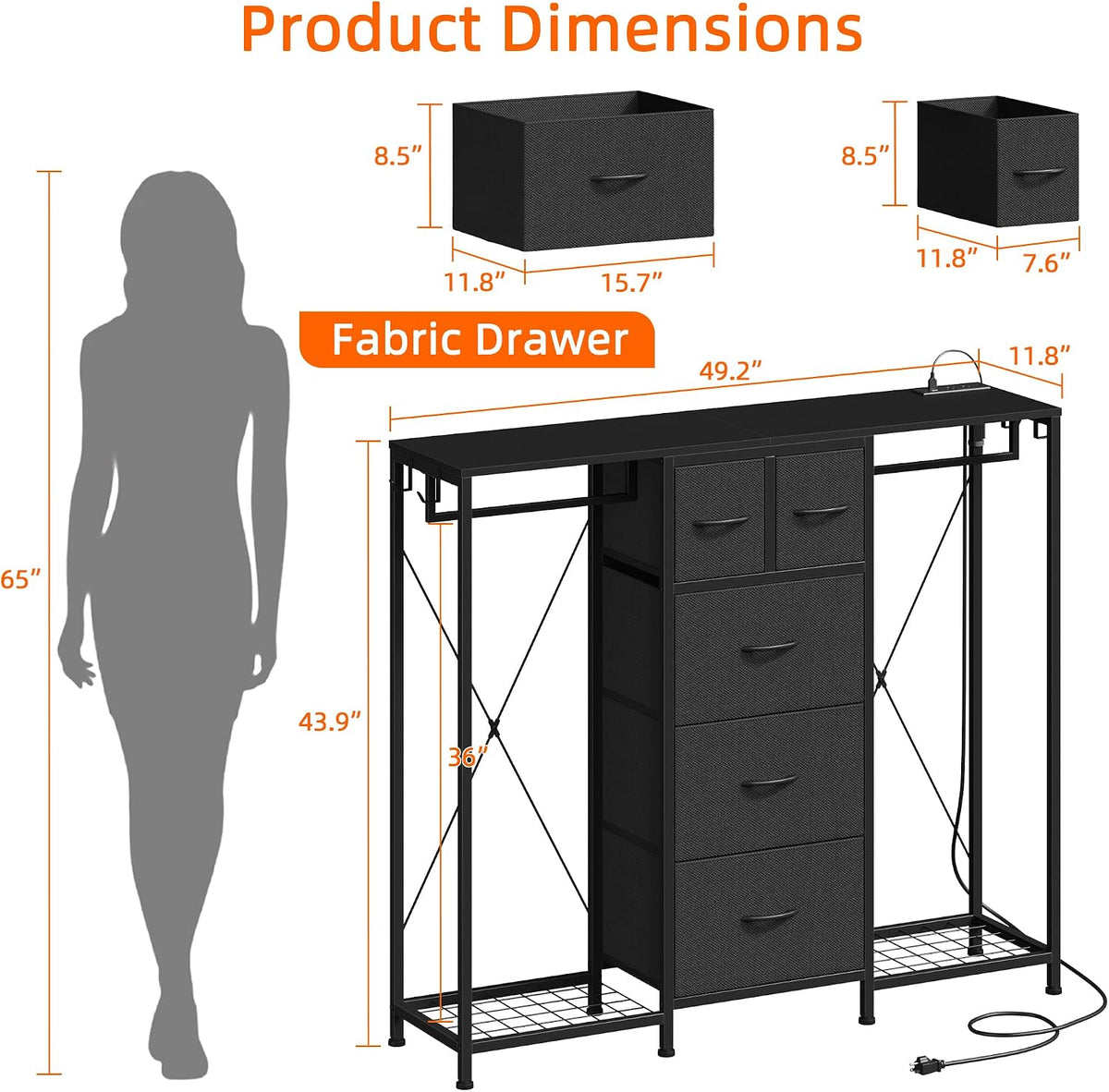 HIGDBFE 5-Drawer Dresser with 2 Hanging Racks, Black, 49.2" W