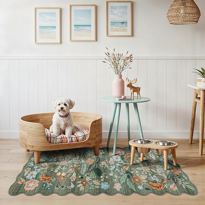 2x5 Washable Kitchen Area Rug: Floral Scalloped Entryway Runner Farmhouse - Image 2