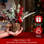 Small Christmas Tree Tabletop Artificial Mini Christmas Tree Decorations with Holiday Ornaments Red Berry Pine Cone Greenery for Home Indoor Fireplace Mantel Xmas Decor (Tree Stump-Red)