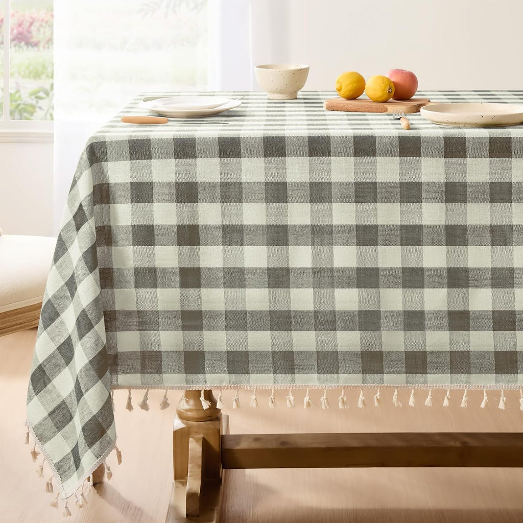 Softalker Gingham Rectangle Tablecloth with Tassel, Coffee, 55" x 84"