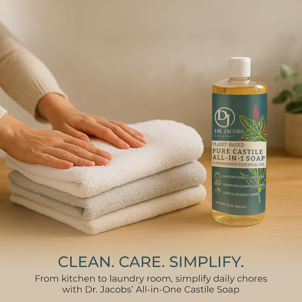 Dr. Jacobs Naturals Peppermint Castile All-in-One Cleaner and Soap - Plant-Based Formula for House Cleaning Floors and Appliances - Gentle on Skin and the Planet - 32 oz, 1 Pack