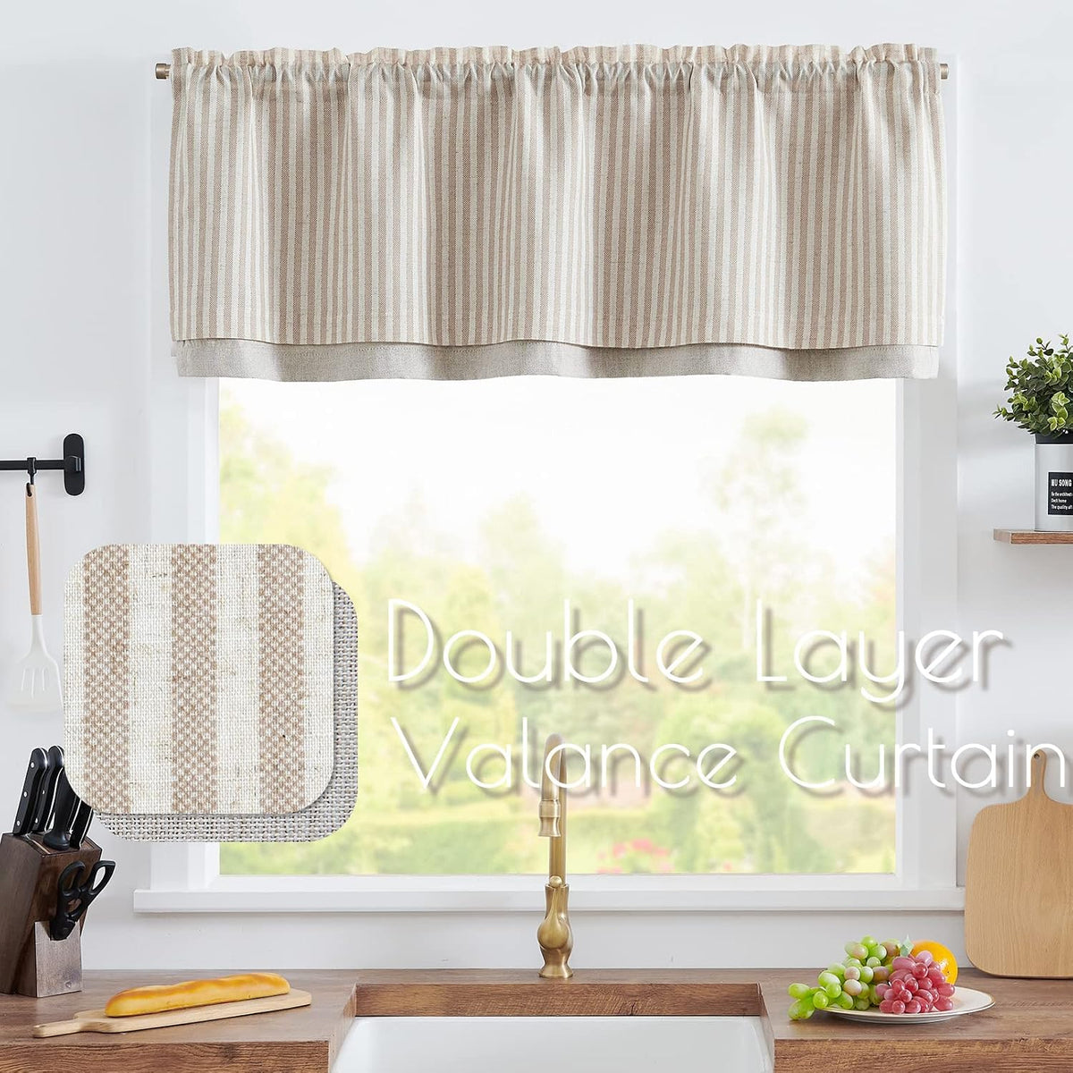 jinchan Stripe Linen Kitchen Valance Curtain, 50x16, 1 Panel, Taupe