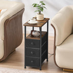 DALEMHOME Narrow End Table with Charging Station, Narrow Side Table with Drawer, Small Nightstand with LED Light, Skinny Nightstand, Small Bedside Table for Living Room, Bedroom, Couch, Rustic Brown