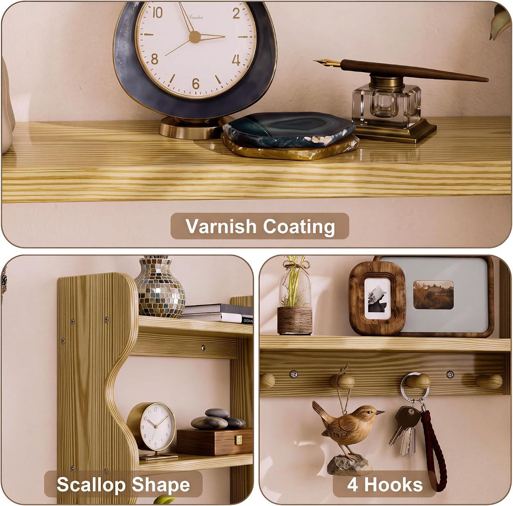 3 Tier Wooden Floating Wall Shelves with Hooks, Rustic Farmhouse Wall Mounted Storage Shelf, Decorative Curved Side Wall Organizer Display Rack for Bedroom, Bathroom, Living Room, Carbonized Black