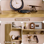 3 Tier Wooden Floating Wall Shelves with Hooks, Rustic Farmhouse Wall Mounted Storage Shelf, Decorative Curved Side Wall Organizer Display Rack for Bedroom, Bathroom, Living Room, Carbonized Black