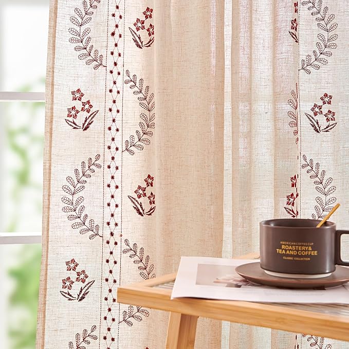 jinchan Belrose Linen Curtains for Bedroom Floral Curtains 84 Inch Length Linen by JINCHAN