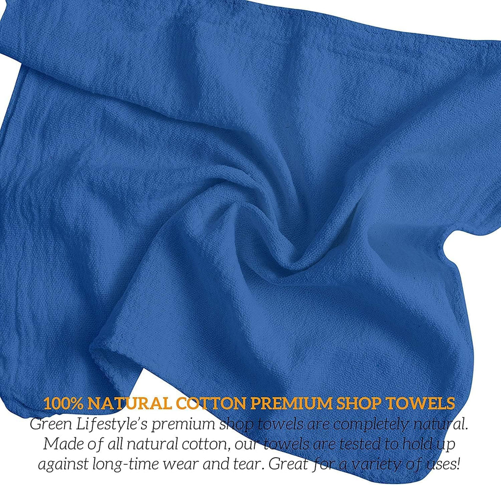 GREEN LIFESTYLE Shop Towels 12" x 14" 100 Pack - Blue Cotton Shop Towels, Cleaning Rags Bulk, Reusable Shop Rags, Absorbent Terry Cloth Cleaning Towels for Garage, Industrial and Housekeeping Use