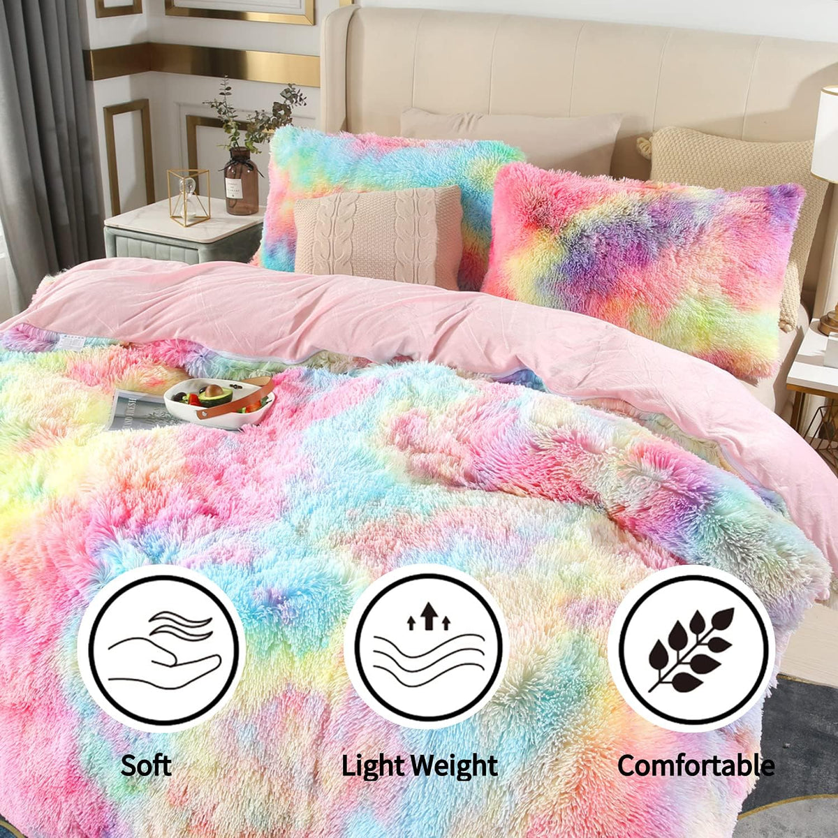 RYNGHIPY 3Pcs Rainbow Long Hair Bedding Sets Twin for Girls