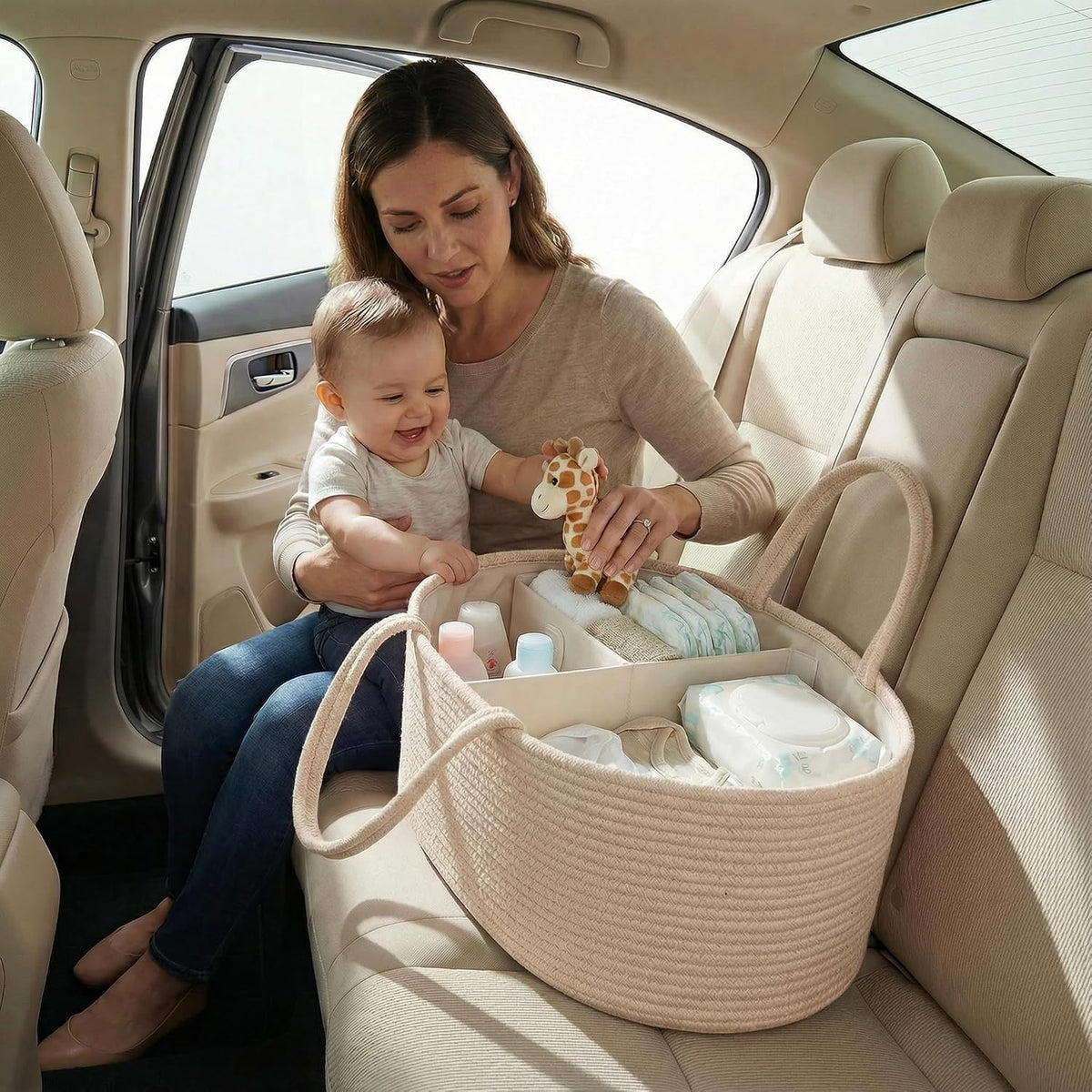 Diaper Caddy Organizer, Large Cotton Rope Nursery Baby Basket, Changing Table Organizer for Baby Diaper Storage, Portable Car Organizer Removable Divider (Oatmeal, Extra Large)