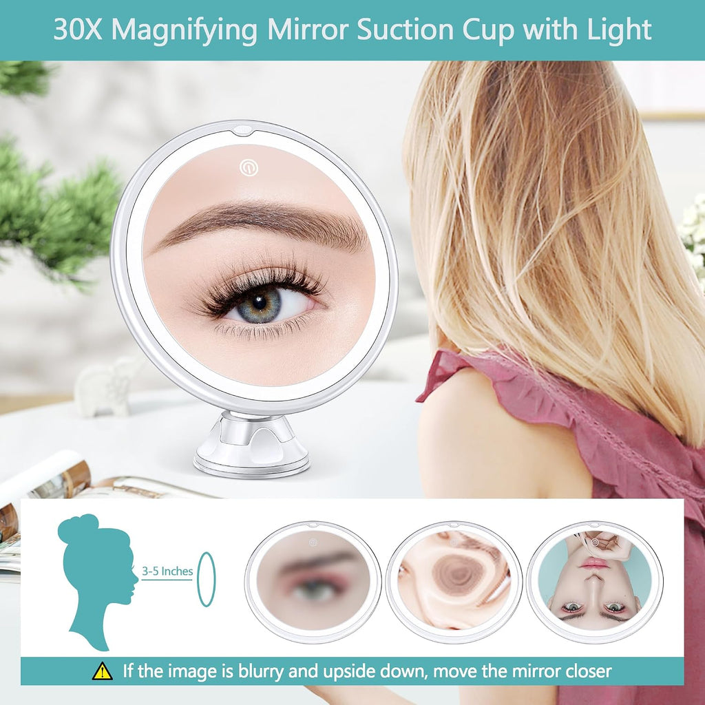 Lighted Makeup Mirror with 30X Magnification, 30X Magnifying Mirror Suction Cup with Light, 3 Color Modes and Adjustable Brightness, 360°Swivel Magnifying Mirrors with Light for Vanity 1500mAh