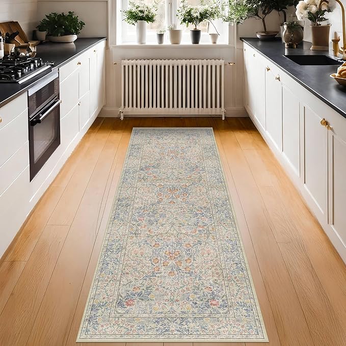 Hazo Haus Non Slip Beige Blue Hallway Runner Rug - Image 3