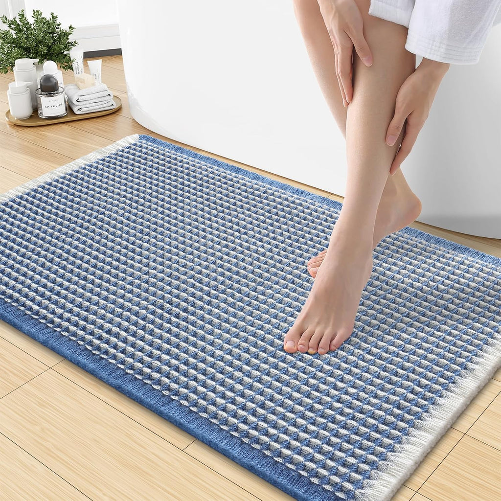 Smiry Waffle Bath Mat 30X18, Soft Absorbent Bathroom Rugs, Blue & Cream