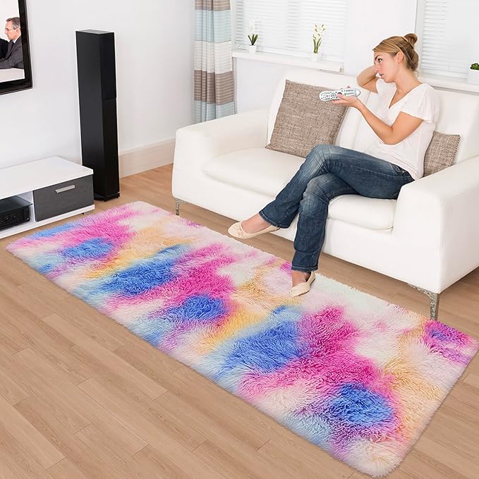 Fluffy Colorful Rug for Bedroom 2x6 ft Kawaii Tie-Dyed Area Rug Non Slip Cute - Image 4