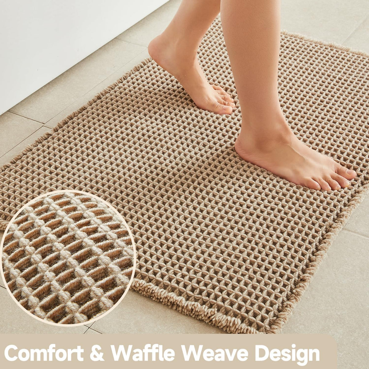TYUU Waffle Bath Mat, Boho Bathroom Rugs Non Slip, 30x20 Beige