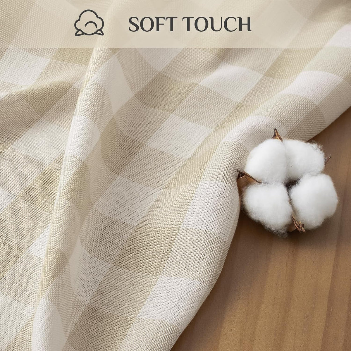 Softalker Gingham Rectangle Tablecloth with Tassel, Beige Cream, 55" x 84"