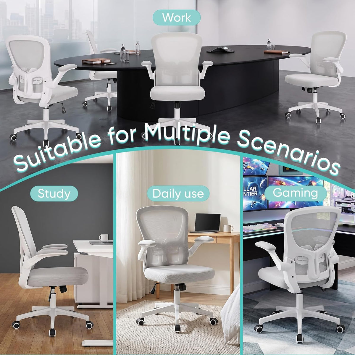 Office Chair, Ergonomic Desk Chair with Adjustable Lumbar Support and Flip up Armrest, Breathable Mesh Computer Chair for Home Office & Rolling Work Swivel Task Chairs