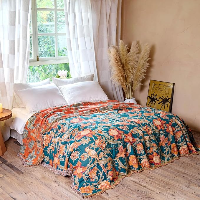 MSGKV Boho Throw Blanket for Bed Twin Size 100% Cotton Floral Bird Blanket - Image 5