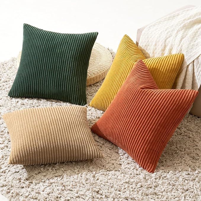 MIULEE Pack of 4 Green-Rust Corduroy Decorative Throw Pillow Covers 18x18 Inch - Image 4