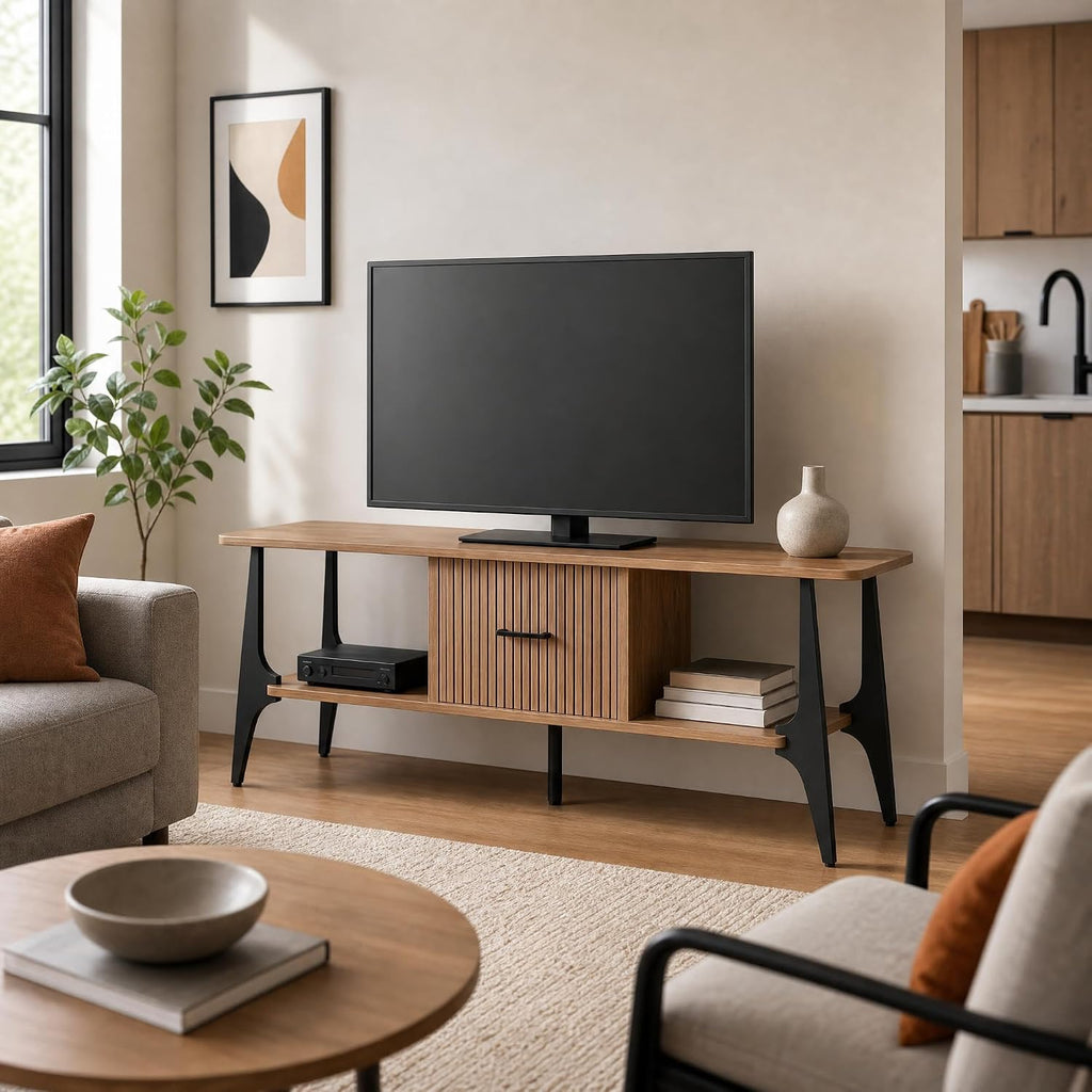 MWOOD Modern TV Stand, Fluted Media Console with Storage, Open Shelves, Oak