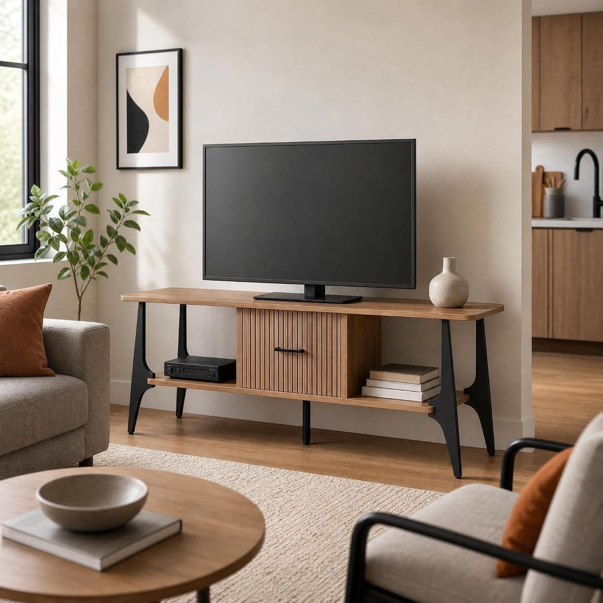MWOOD Modern TV Stand, Fluted Media Console with Storage, Open Shelves, Oak