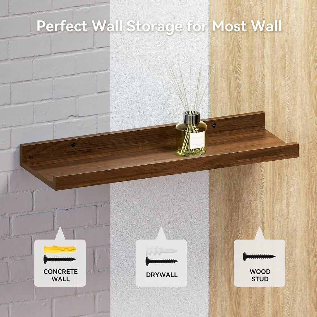 Boswillon Floating Shelves Set of 2, Small Wall Shelf with Lip, 16in, Walnu