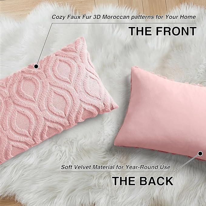 decorUhome Throw Pillow Covers 12x20 Inch Set of 2, Soft Plush Faux Wool Pink - Image 8