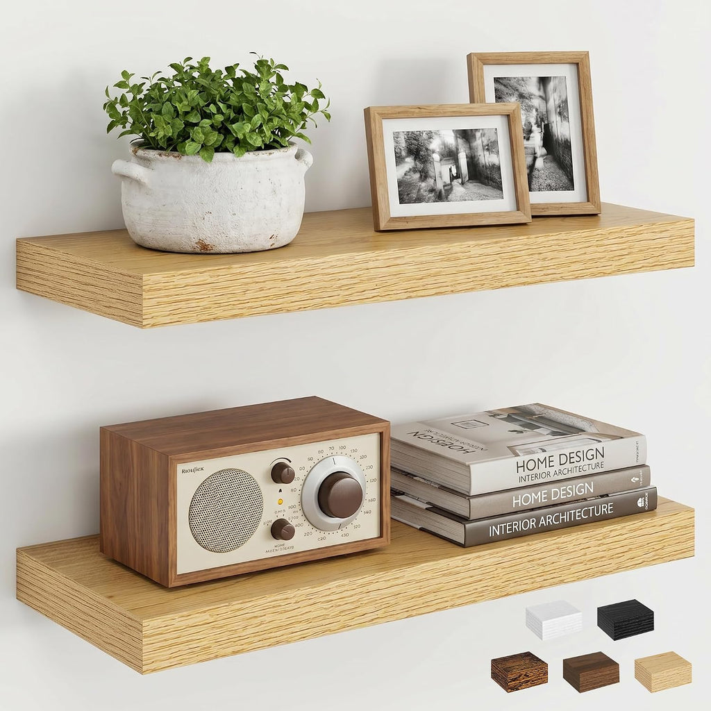 Dreamland 18" Floating Shelves, Rustic Wooden Wall Shelves for Bathroom|Bedroom|Kitchen, Deep Wall Mounted Book Shelf, Wood Storage Display Shelf for Home Decor, Set of 2, Oak