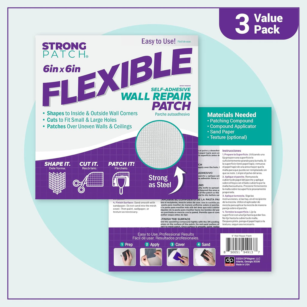 StrongPatch® 6 in. x 6 in. Flexible Self-Adhesive Wall Repair Patch (3-Pack) – Versatile, Cut-to-Fit, Easy Application for Holes, Cracks, and Corners