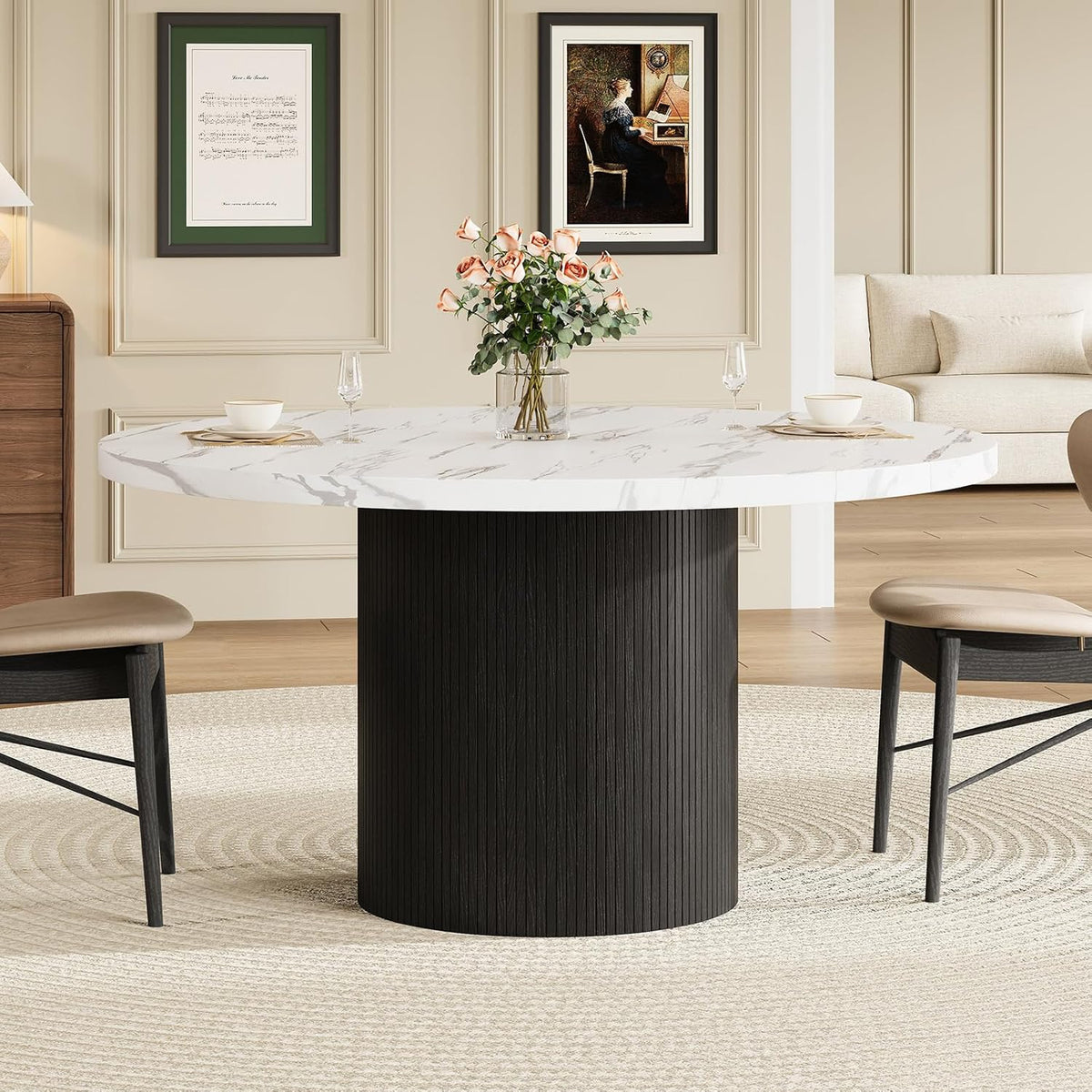 ComfyCorner 47" Round Dining Table, Circle Fluted Kitchen Table Only Marble