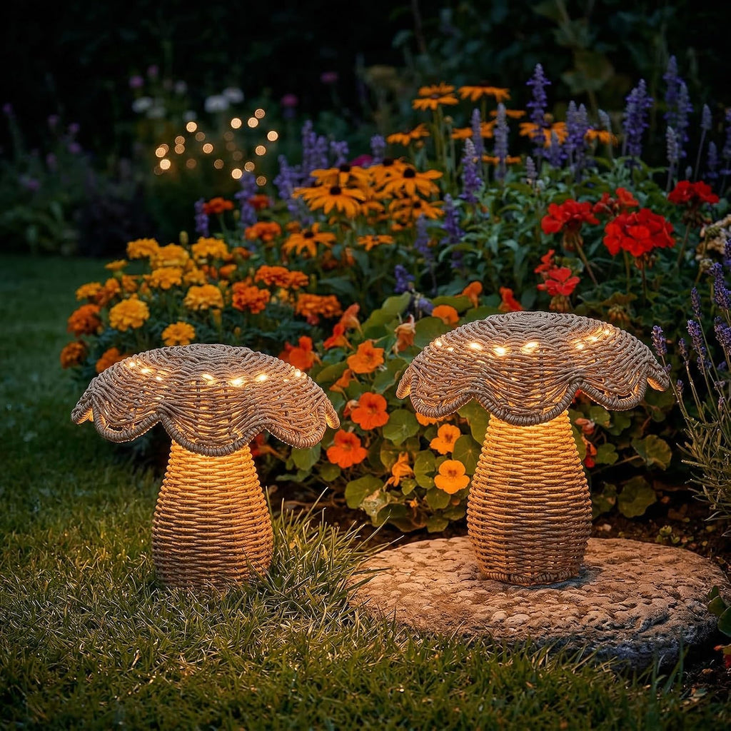 2 Pack Solar Mushroom Rattan Lanterns, 9’’ Handmade Wicker Lamp Mushroom Lights for Indoor Outdoor, Solar Outdoor Lamp Solar Lanterns for Table Deck Yard Patio Walkway Porch, Home Decor, Boho Decor