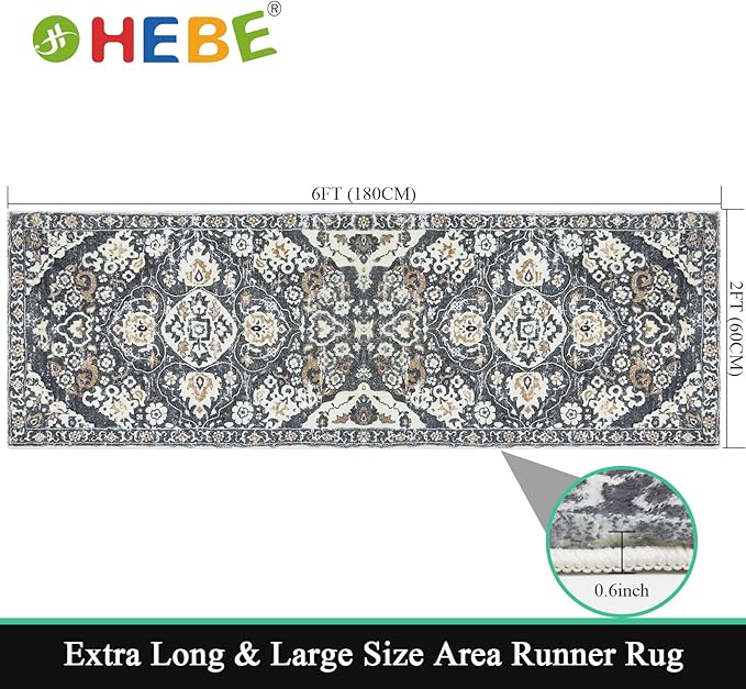HEBE Hallway Runner Rug 2'x6' Washable Vintage Distressed Area Rugs Non Slip - Image 2